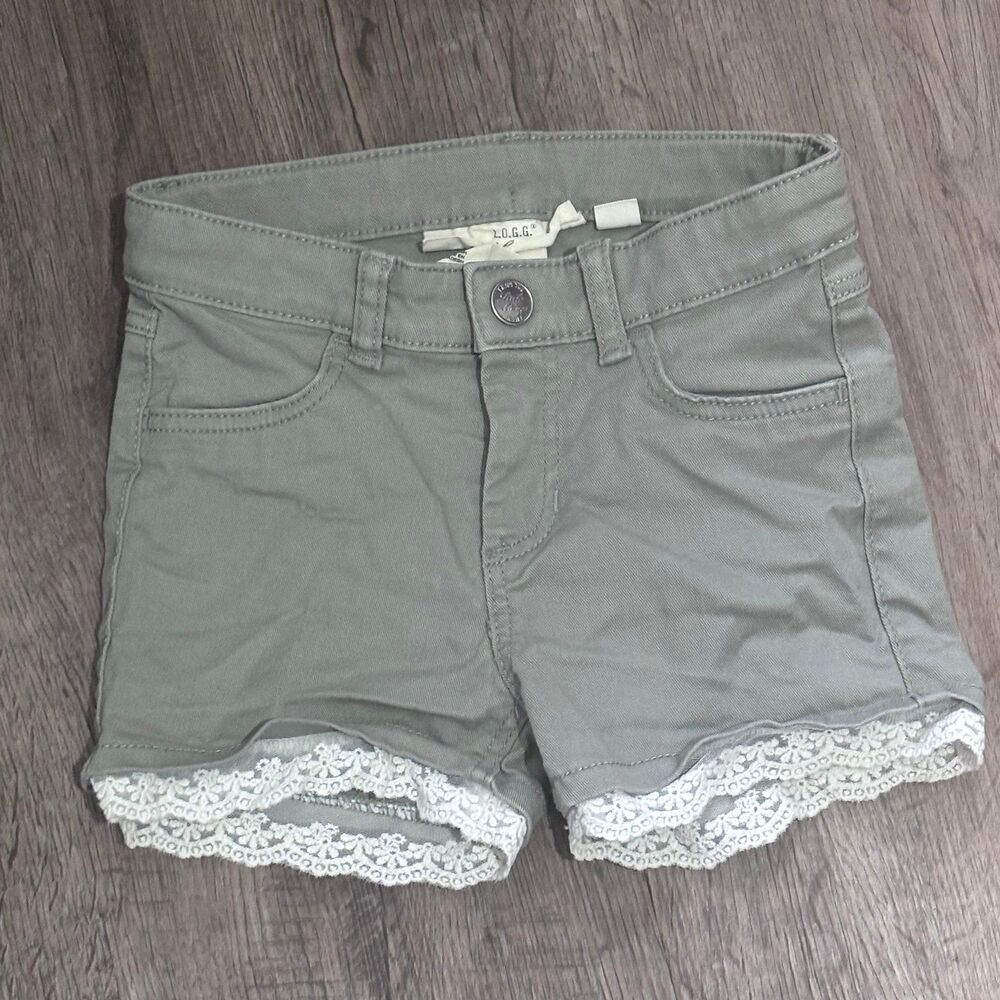 H&M L.O.G.G. Girls Size 4/5 Olive Green Denim Shorts Lace Hem